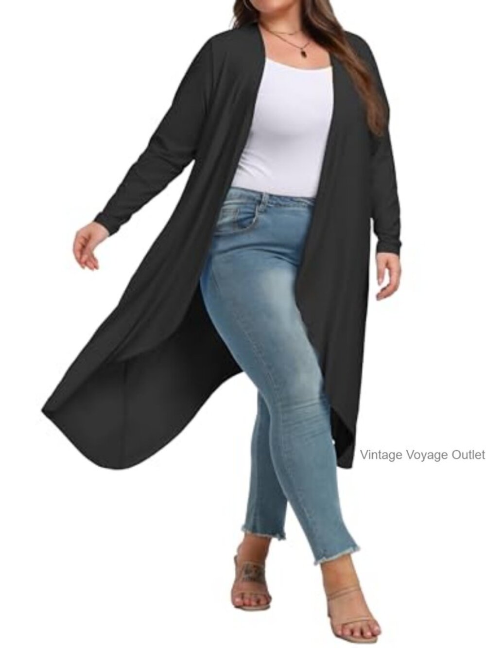 Plus Size Lightweight Open Front Duster Cardigan Long Sleeve High Low Hem